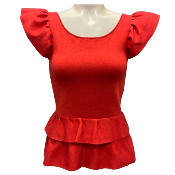 CHRISTIAN DIOR RED ORANGE RUFFLED SILK KNIT TOP CHRISTIAN DIOR RED ORANGE RUFFLED SILK KNIT TOP